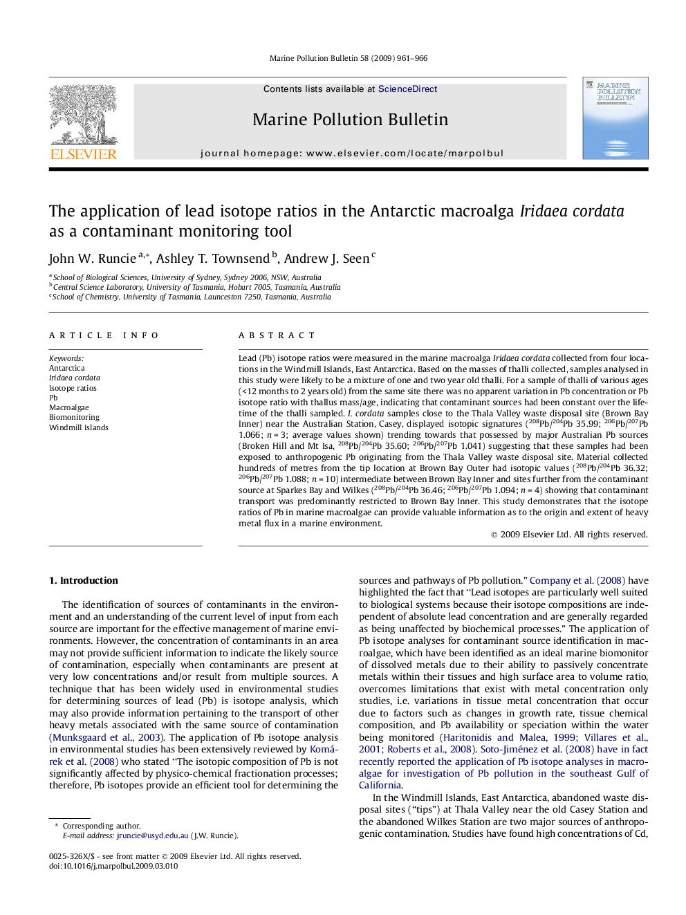 The application of lead isotope ratios in the Antarctic macroalga Iridaea cordata as a contaminant monitoring tool