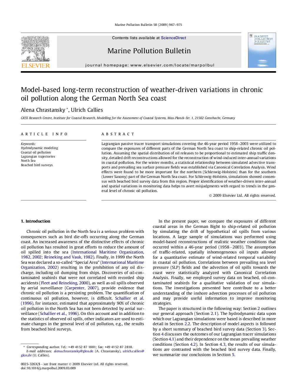 Model-based long-term reconstruction of weather-driven variations in chronic oil pollution along the German North Sea coast