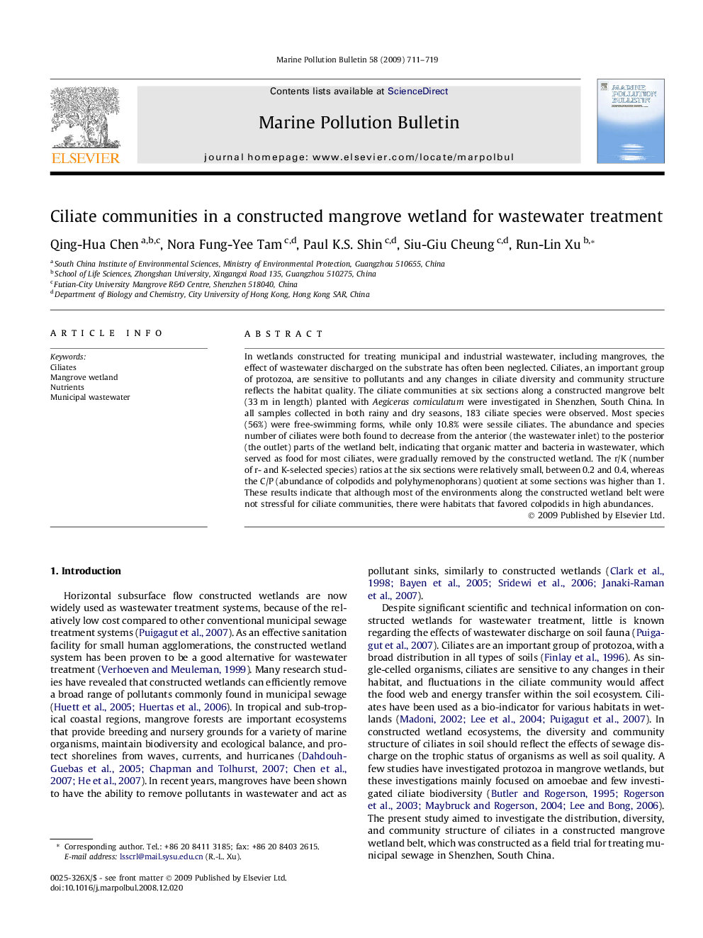 Ciliate communities in a constructed mangrove wetland for wastewater treatment