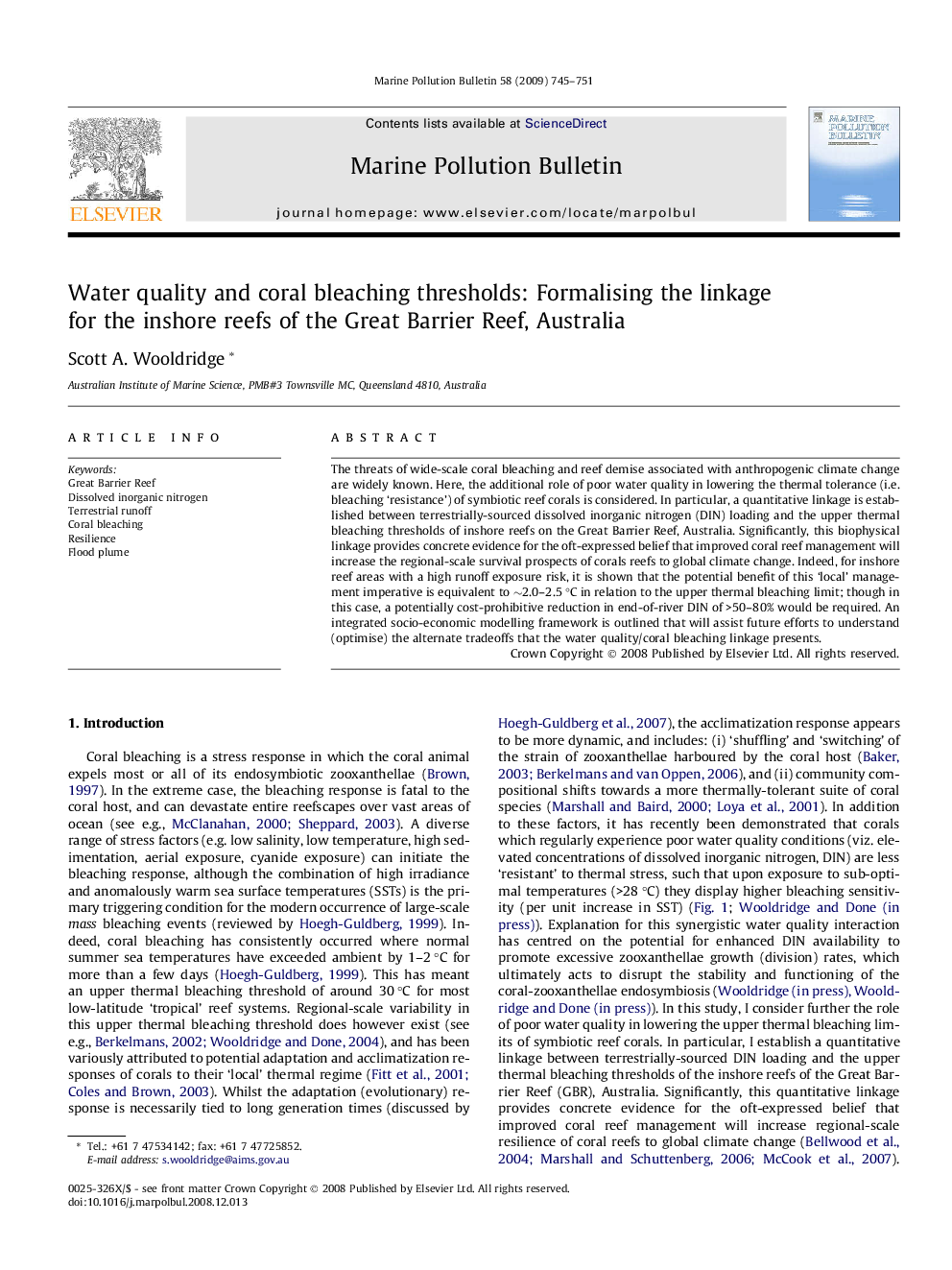 Water quality and coral bleaching thresholds: Formalising the linkage for the inshore reefs of the Great Barrier Reef, Australia