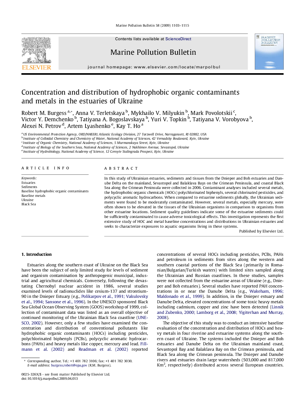 Concentration and distribution of hydrophobic organic contaminants and metals in the estuaries of Ukraine