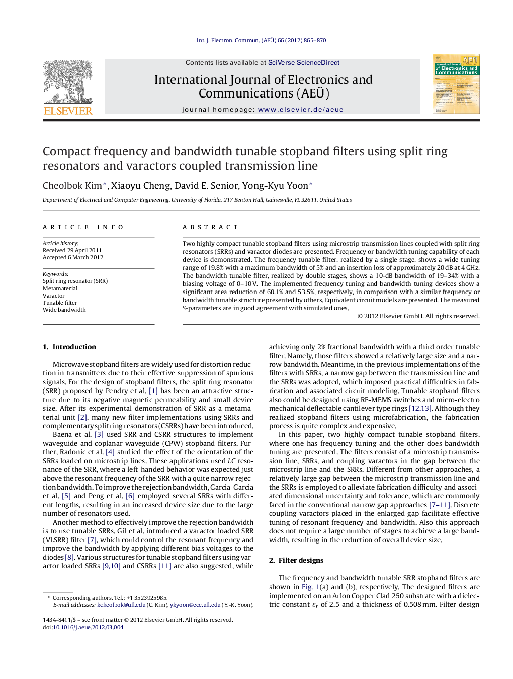 Compact frequency and bandwidth tunable stopband filters using split ring resonators and varactors coupled transmission line