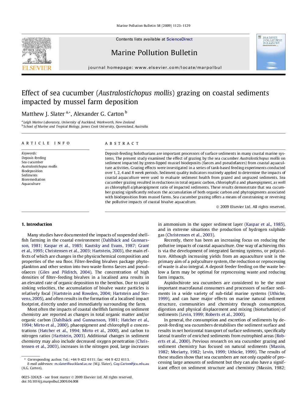 Effect of sea cucumber (Australostichopus mollis) grazing on coastal sediments impacted by mussel farm deposition