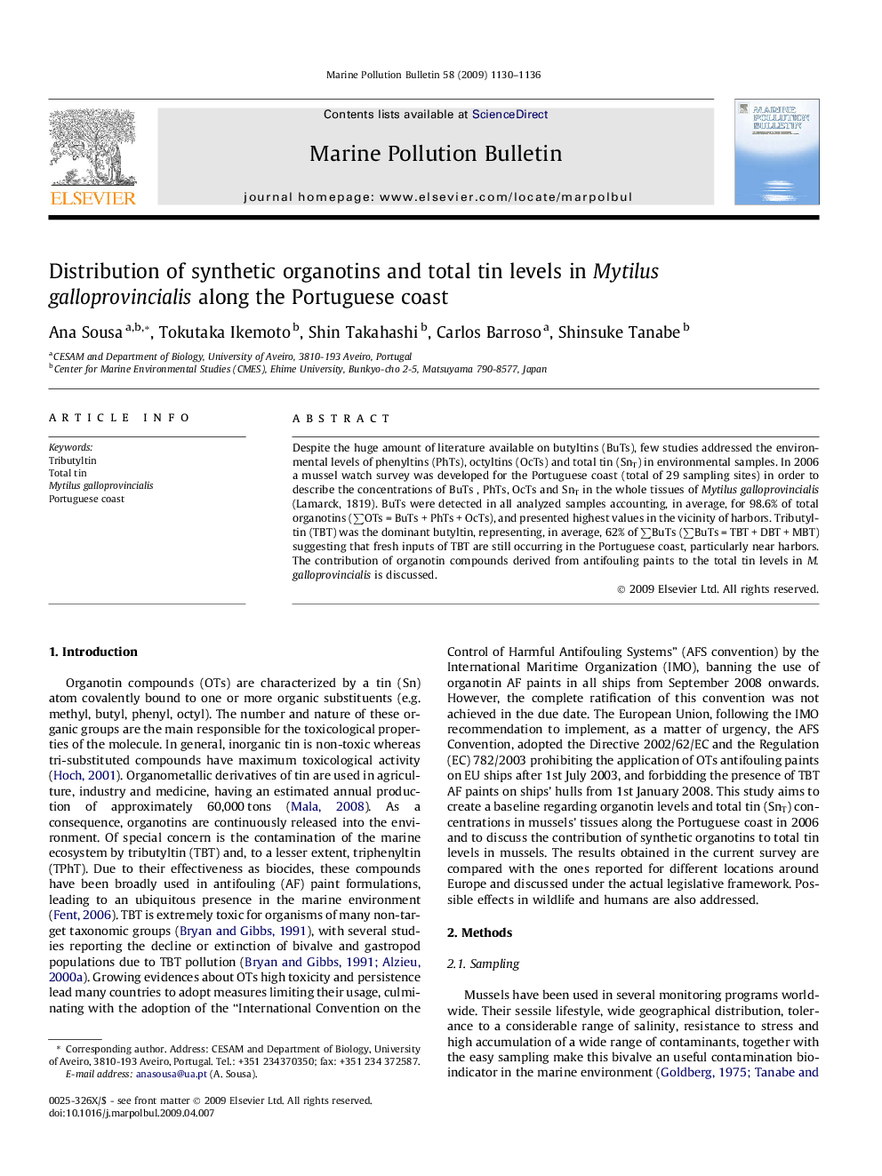عکس صفحه اول مقاله: Distribution of synthetic organotins and total tin levels in Mytilus galloprovincialis along the Portuguese coast Distribution of synthetic organotins and total tin levels in Mytilus galloprovincialis along the Portuguese coast
