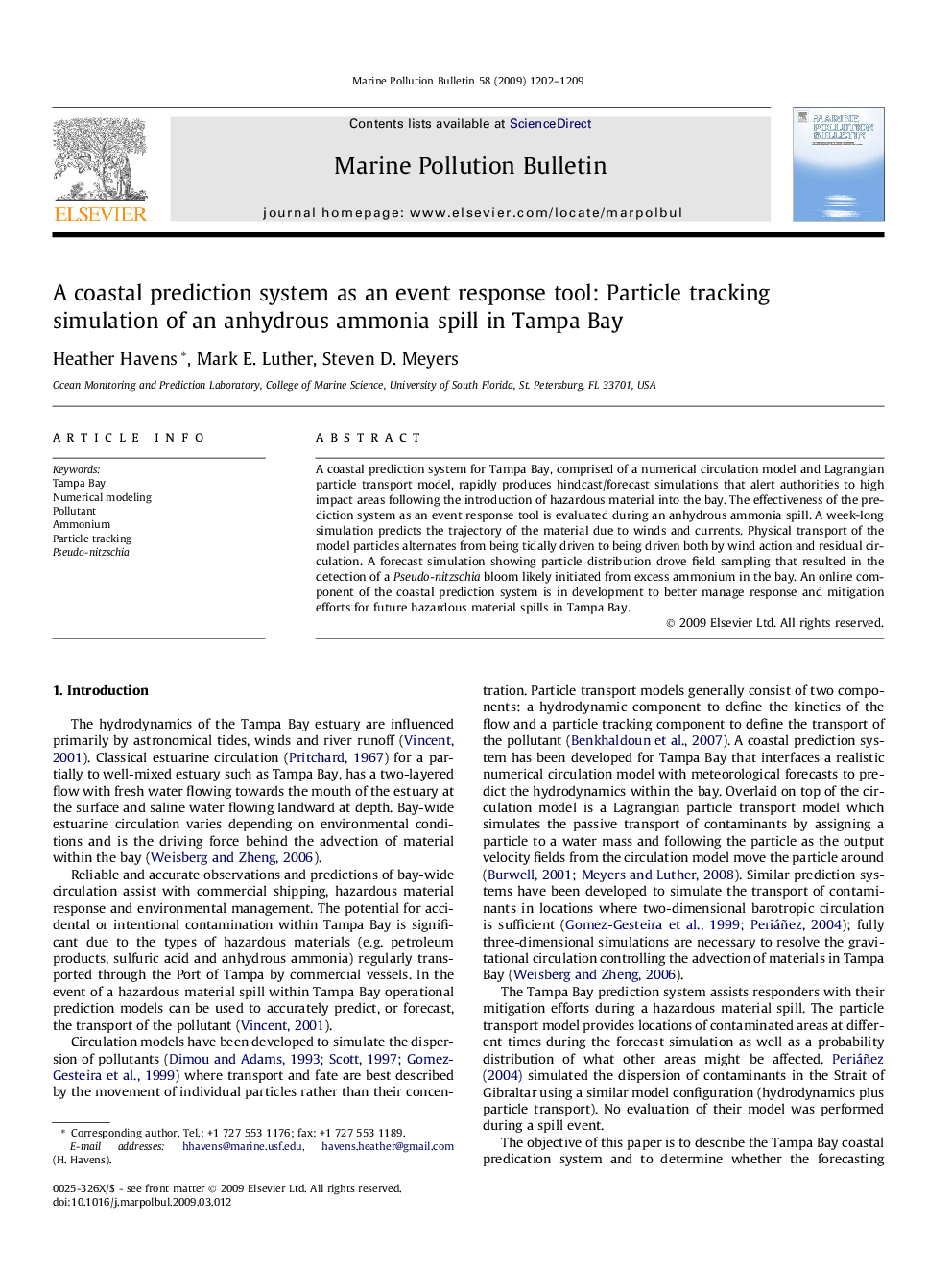 A coastal prediction system as an event response tool: Particle tracking simulation of an anhydrous ammonia spill in Tampa Bay