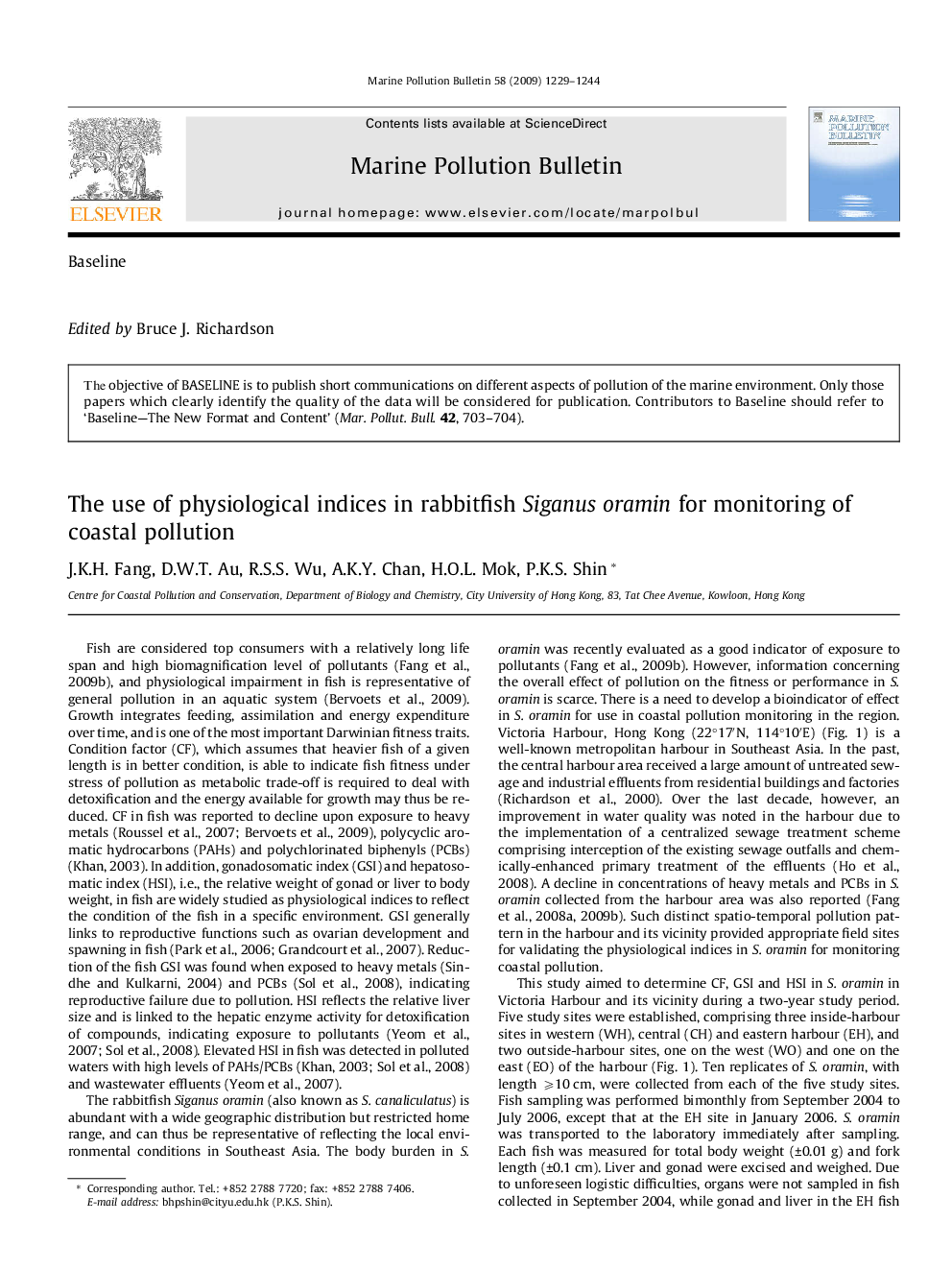 The use of physiological indices in rabbitfish Siganus oramin for monitoring of coastal pollution