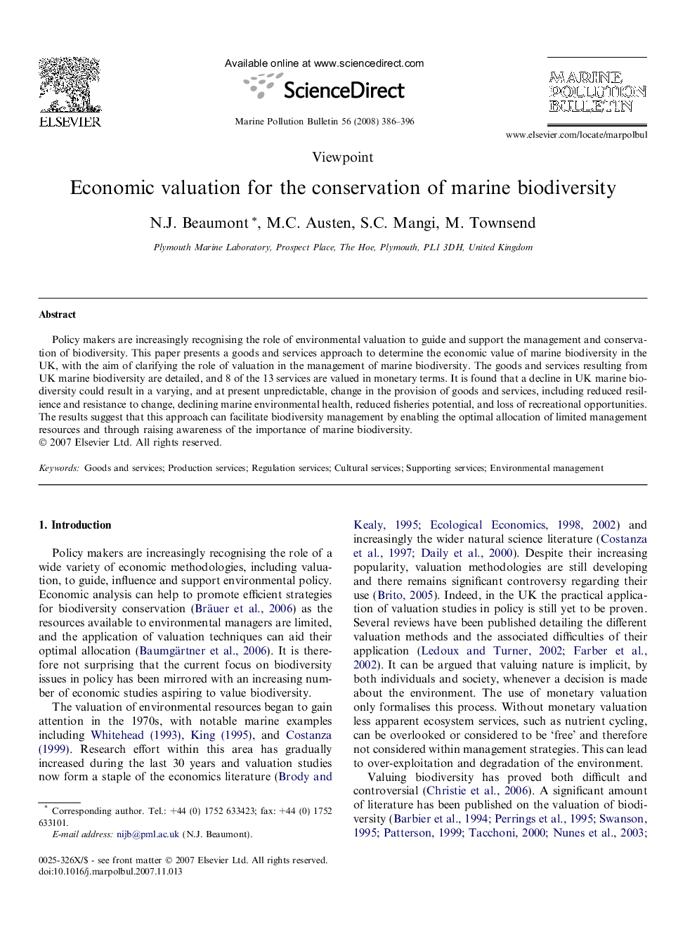 Economic valuation for the conservation of marine biodiversity