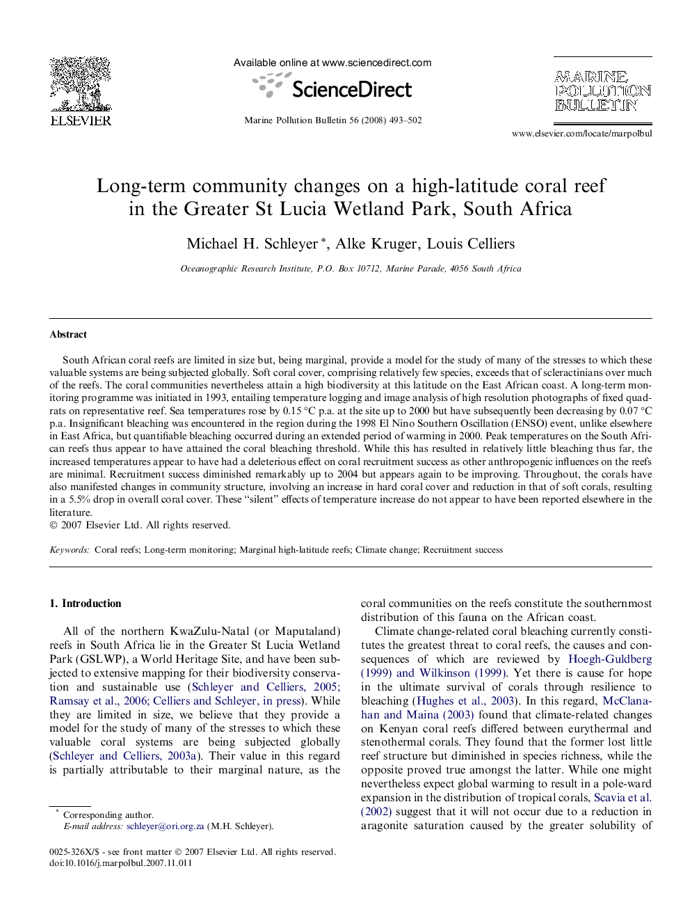 Long-term community changes on a high-latitude coral reef in the Greater St Lucia Wetland Park, South Africa