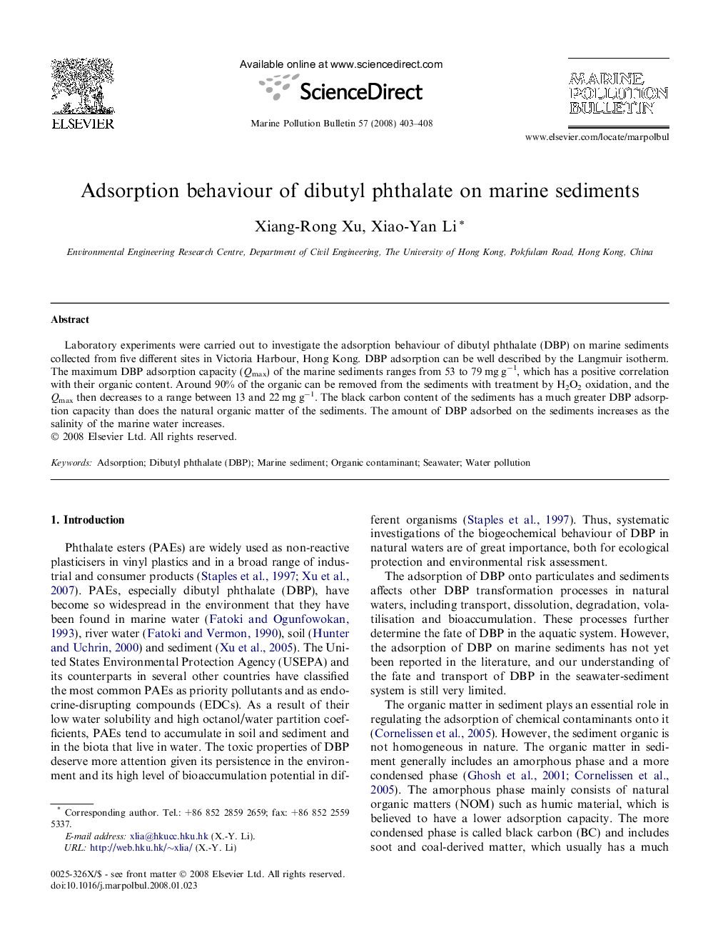 Adsorption behaviour of dibutyl phthalate on marine sediments