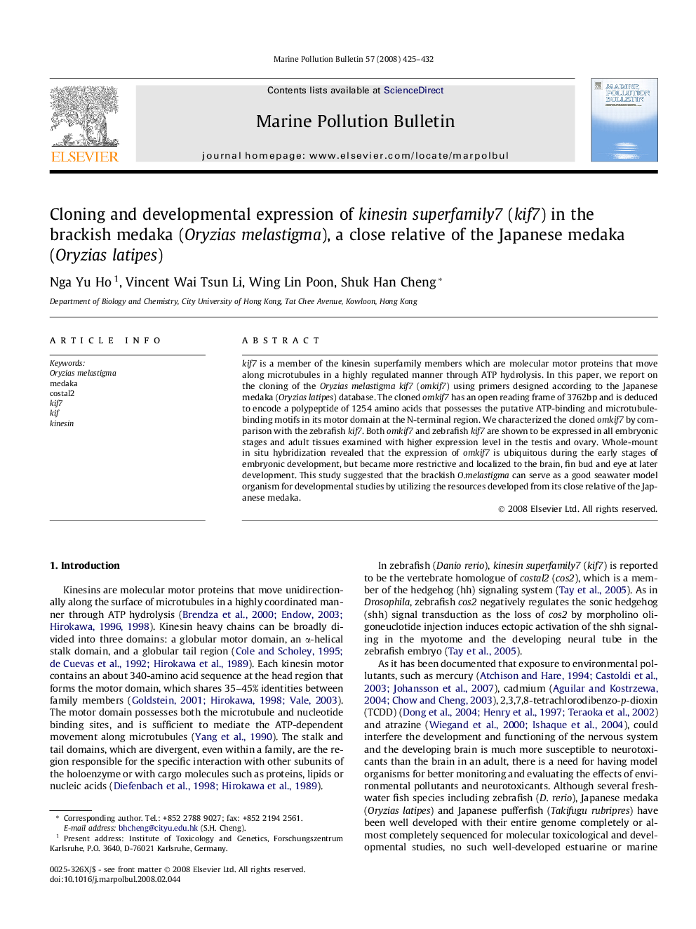 Cloning and developmental expression of kinesin superfamily7 (kif7) in the brackish medaka (Oryzias melastigma), a close relative of the Japanese medaka (Oryzias latipes)