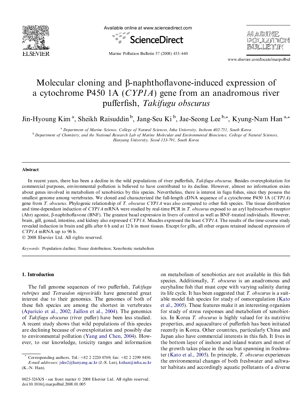 Molecular cloning and Î²-naphthoflavone-induced expression of a cytochrome P450 1A (CYP1A) gene from an anadromous river pufferfish, Takifugu obscurus