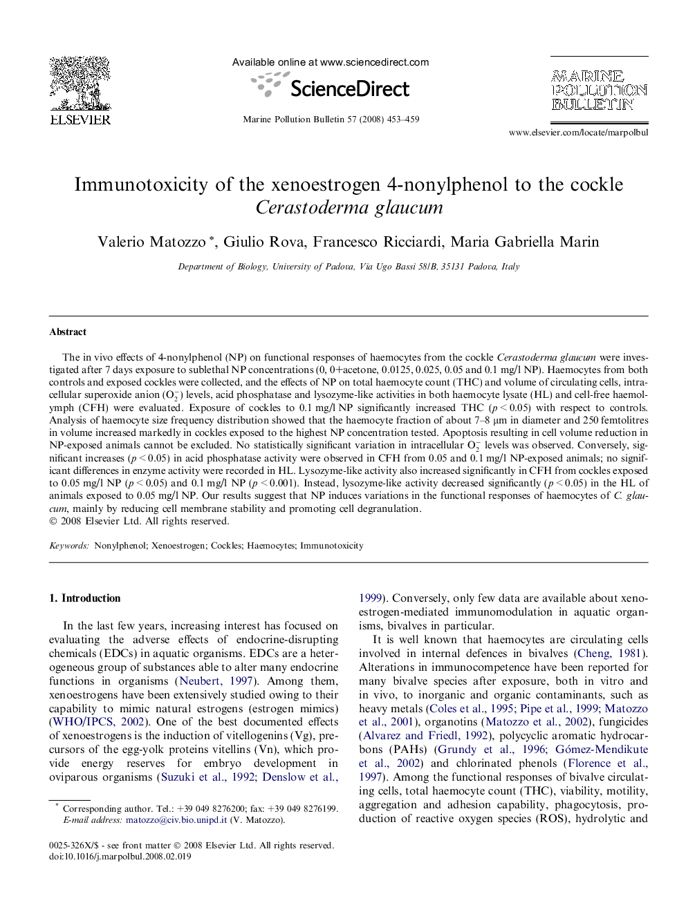 Immunotoxicity of the xenoestrogen 4-nonylphenol to the cockle Cerastoderma glaucum