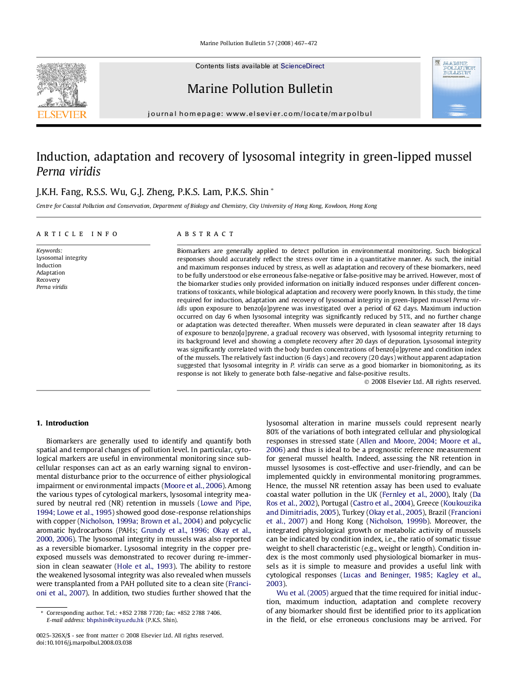 Induction, adaptation and recovery of lysosomal integrity in green-lipped mussel Perna viridis