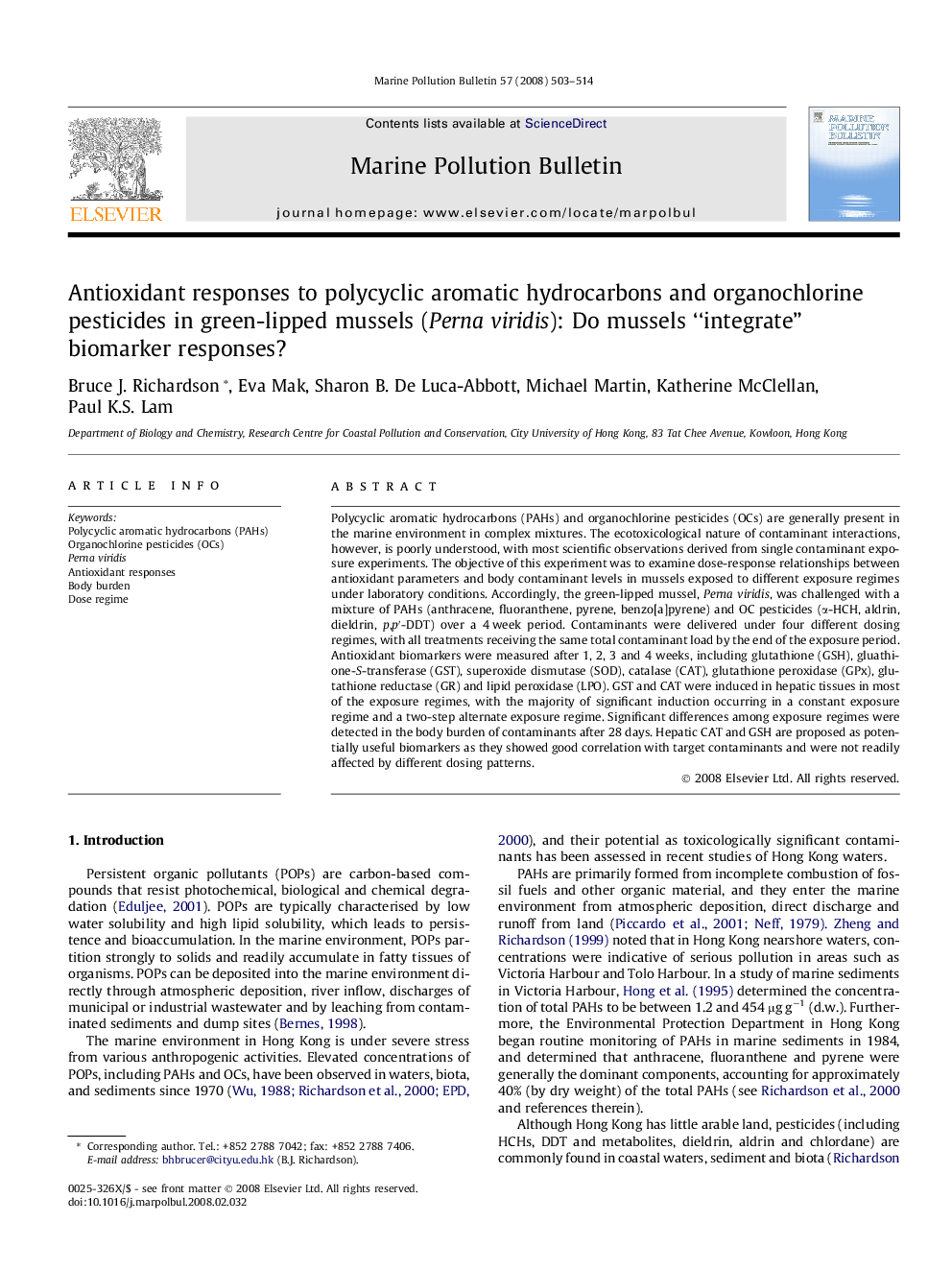 Antioxidant responses to polycyclic aromatic hydrocarbons and organochlorine pesticides in green-lipped mussels (Perna viridis): Do mussels “integrate” biomarker responses?