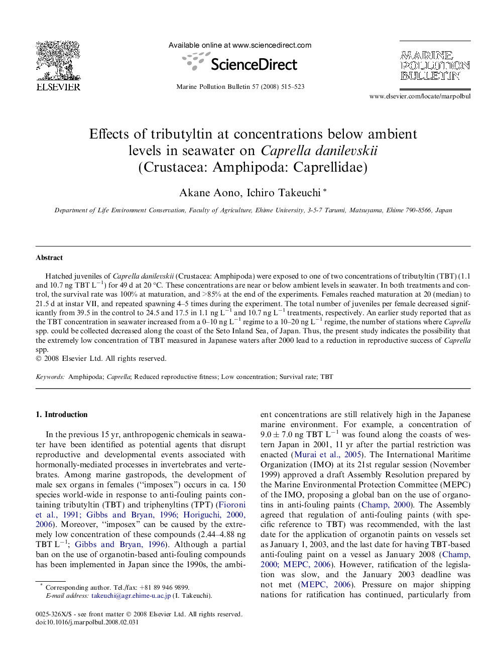 Effects of tributyltin at concentrations below ambient levels in seawater on Caprella danilevskii (Crustacea: Amphipoda: Caprellidae)