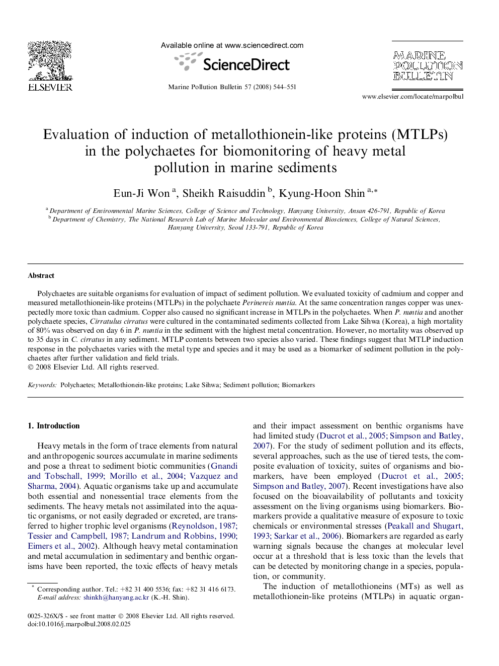 Evaluation of induction of metallothionein-like proteins (MTLPs) in the polychaetes for biomonitoring of heavy metal pollution in marine sediments