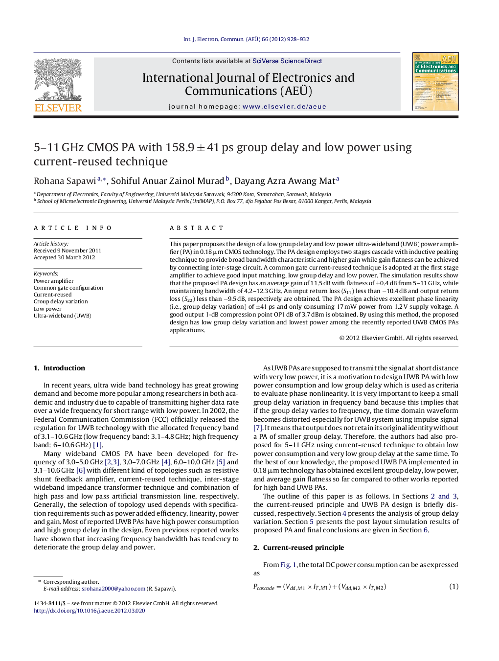 5–11 GHz CMOS PA with 158.9 ± 41 ps group delay and low power using current-reused technique