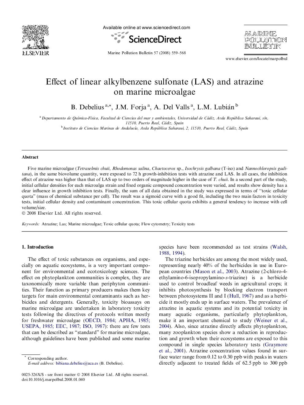 Effect of linear alkylbenzene sulfonate (LAS) and atrazine on marine microalgae