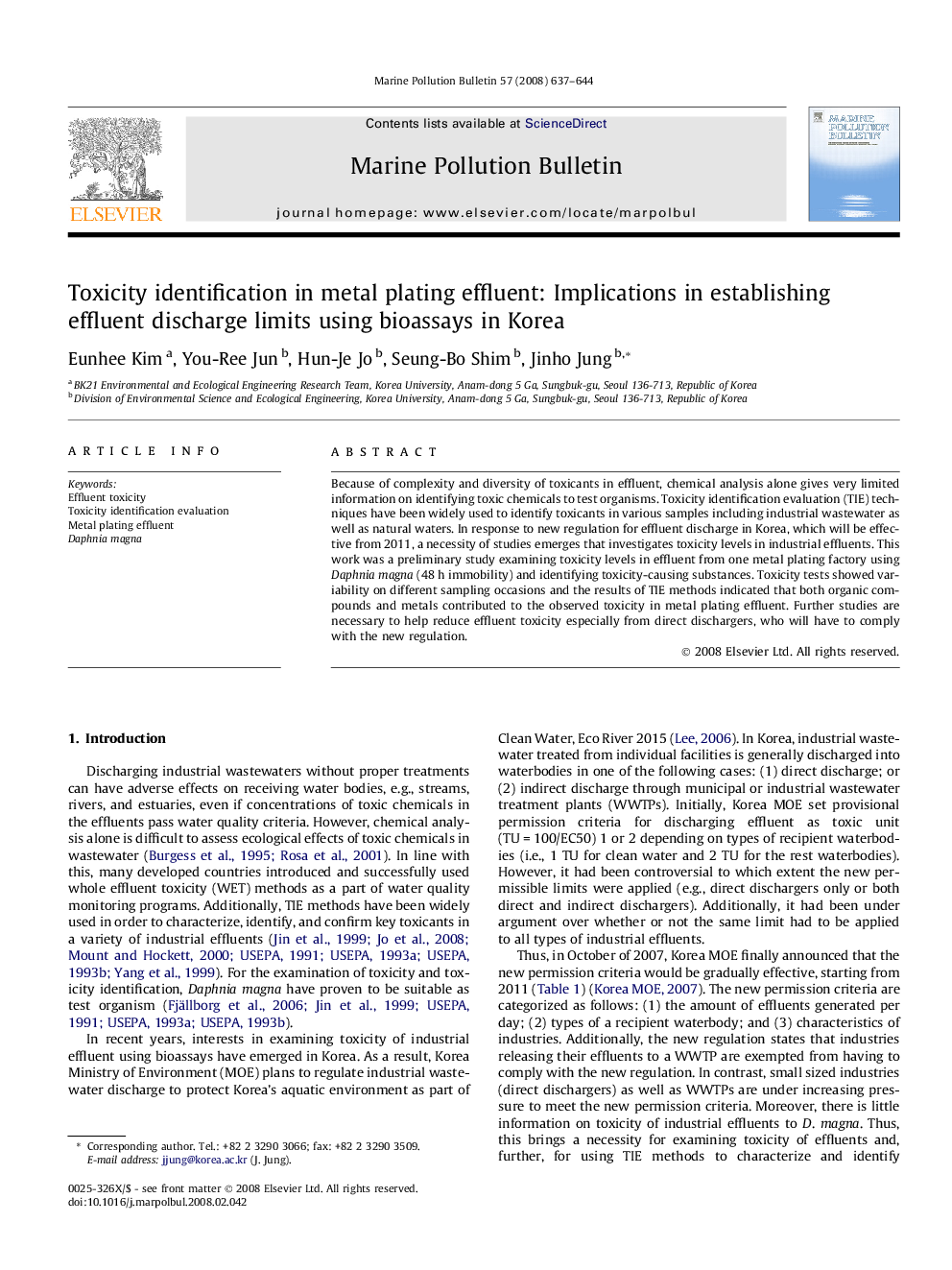 Toxicity identification in metal plating effluent: Implications in establishing effluent discharge limits using bioassays in Korea