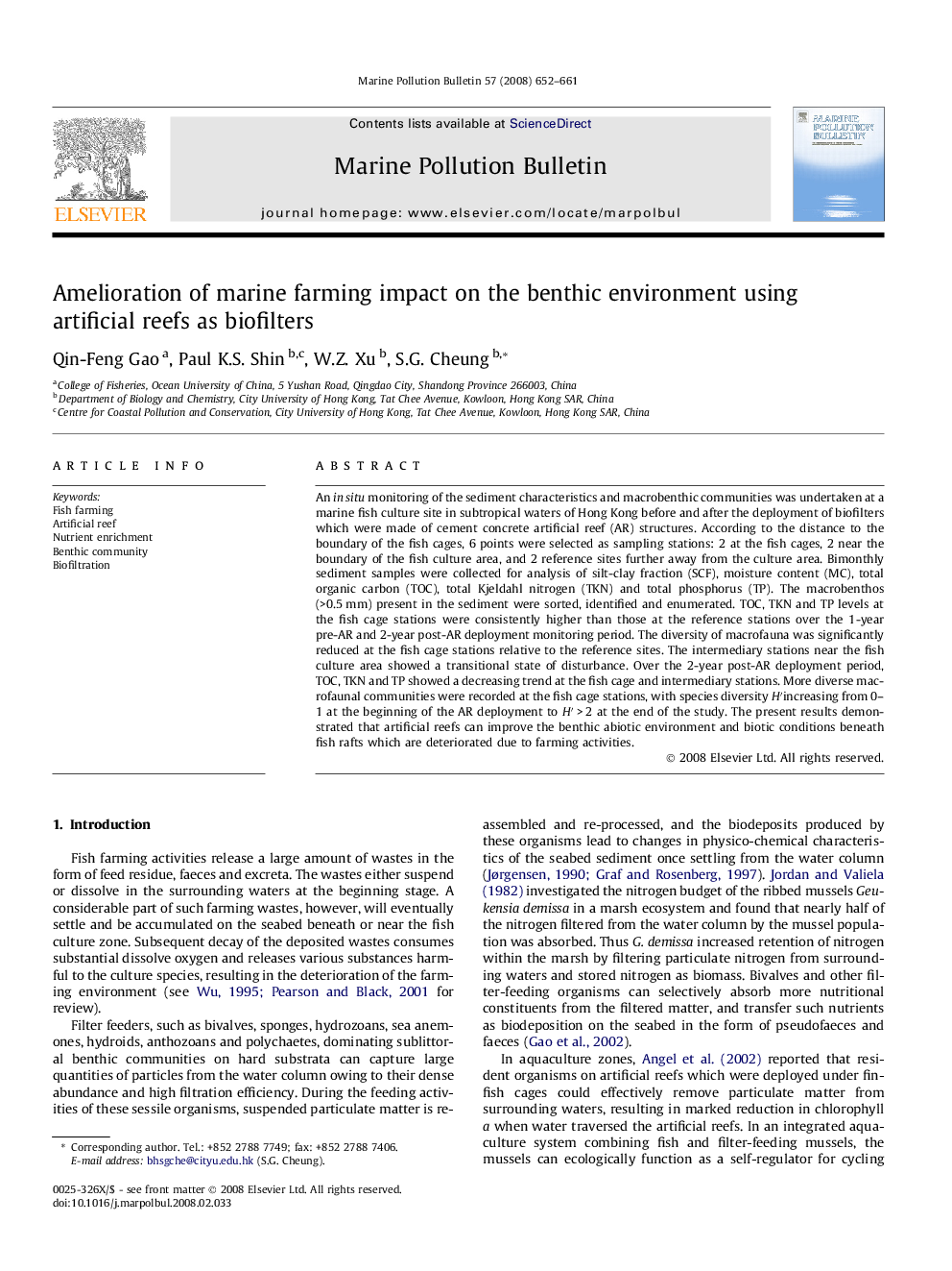 Amelioration of marine farming impact on the benthic environment using artificial reefs as biofilters