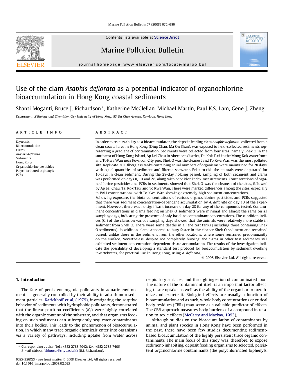 Use of the clam Asaphis deflorata as a potential indicator of organochlorine bioaccumulation in Hong Kong coastal sediments