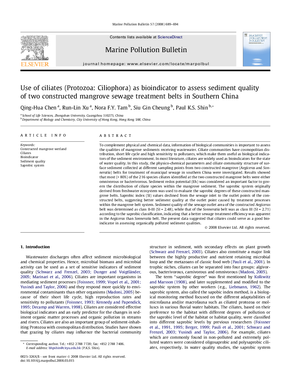 Use of ciliates (Protozoa: Ciliophora) as bioindicator to assess sediment quality of two constructed mangrove sewage treatment belts in Southern China