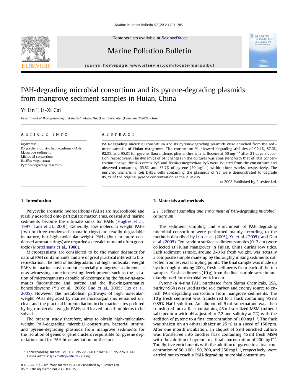 PAH-degrading microbial consortium and its pyrene-degrading plasmids from mangrove sediment samples in Huian, China