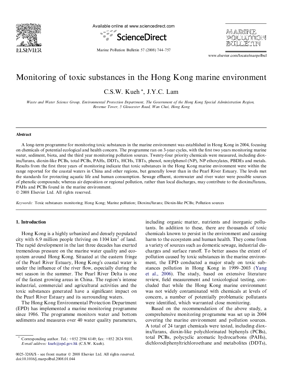 Monitoring of toxic substances in the Hong Kong marine environment