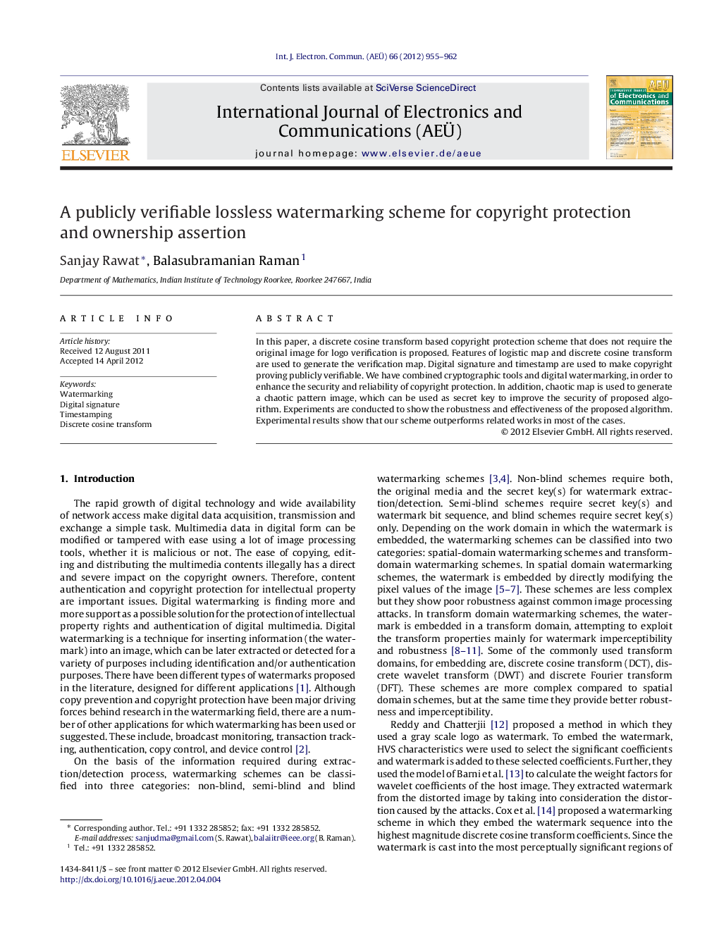 A publicly verifiable lossless watermarking scheme for copyright protection and ownership assertion