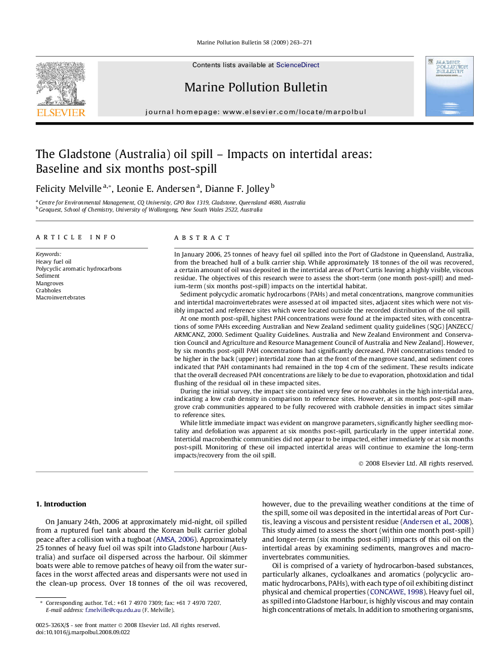 The Gladstone (Australia) oil spill – Impacts on intertidal areas: Baseline and six months post-spill