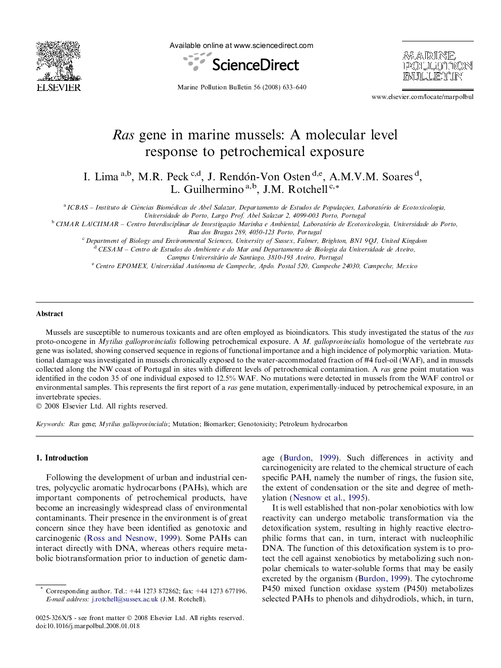 Ras gene in marine mussels: A molecular level response to petrochemical exposure