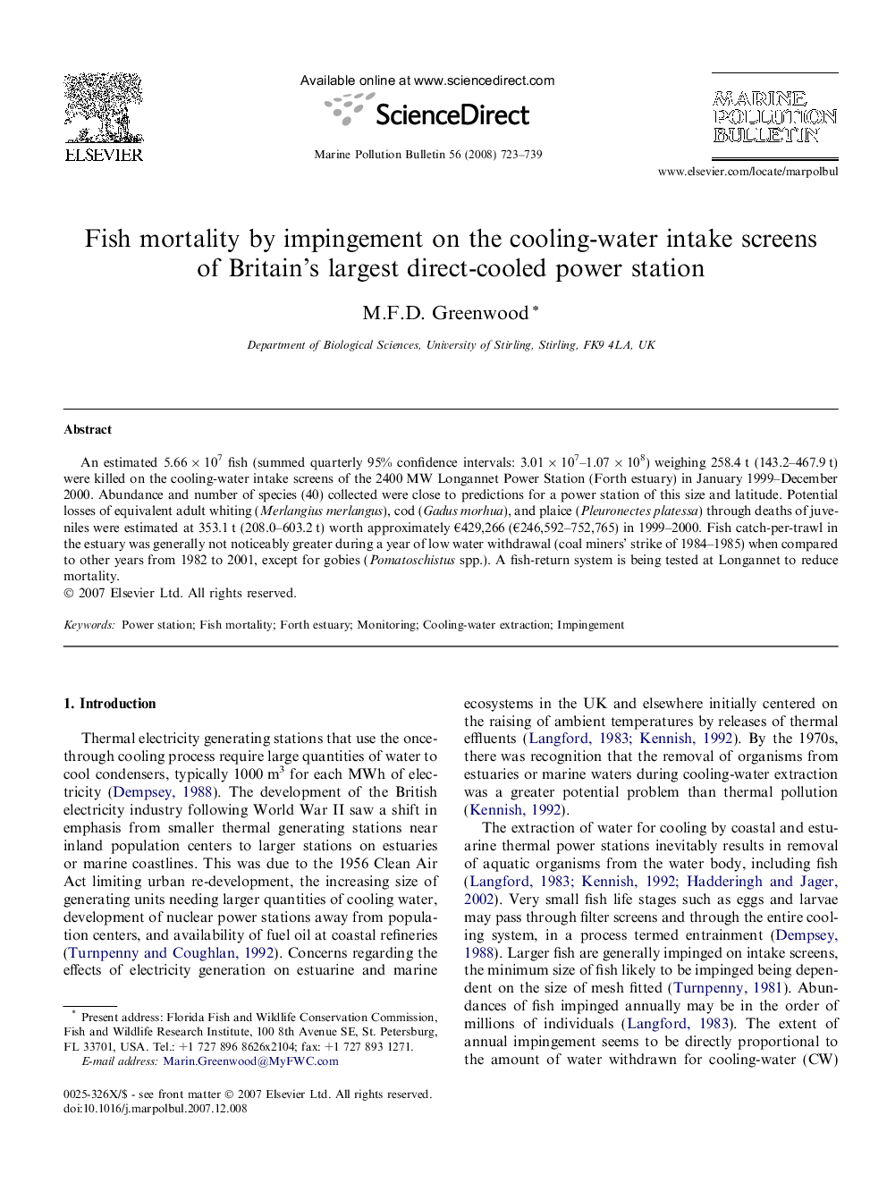 Fish mortality by impingement on the cooling-water intake screens of Britain’s largest direct-cooled power station