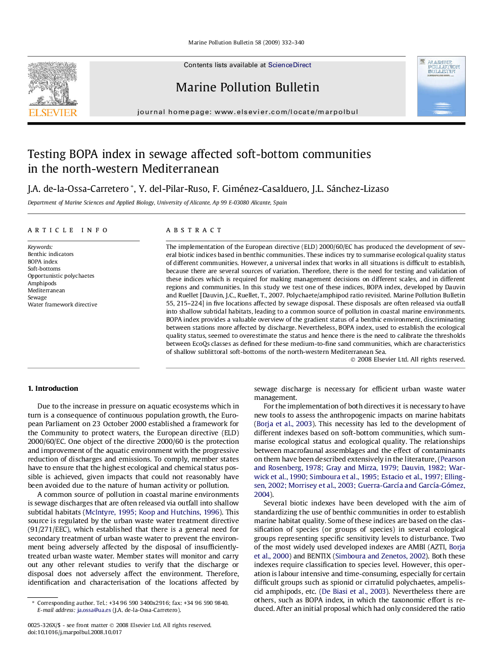 Testing BOPA index in sewage affected soft-bottom communities in the north-western Mediterranean