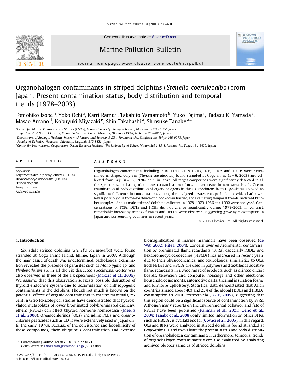 Organohalogen contaminants in striped dolphins (Stenella coeruleoalba) from Japan: Present contamination status, body distribution and temporal trends (1978–2003)