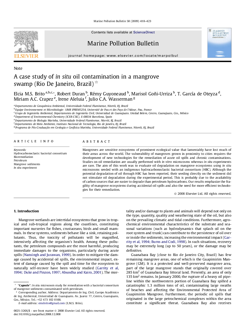 عکس صفحه اول مقاله: A case study of in situ oil contamination in a mangrove swamp (Rio De Janeiro, Brazil) A case study of in situ oil contamination in a mangrove swamp (Rio De Janeiro, Brazil)