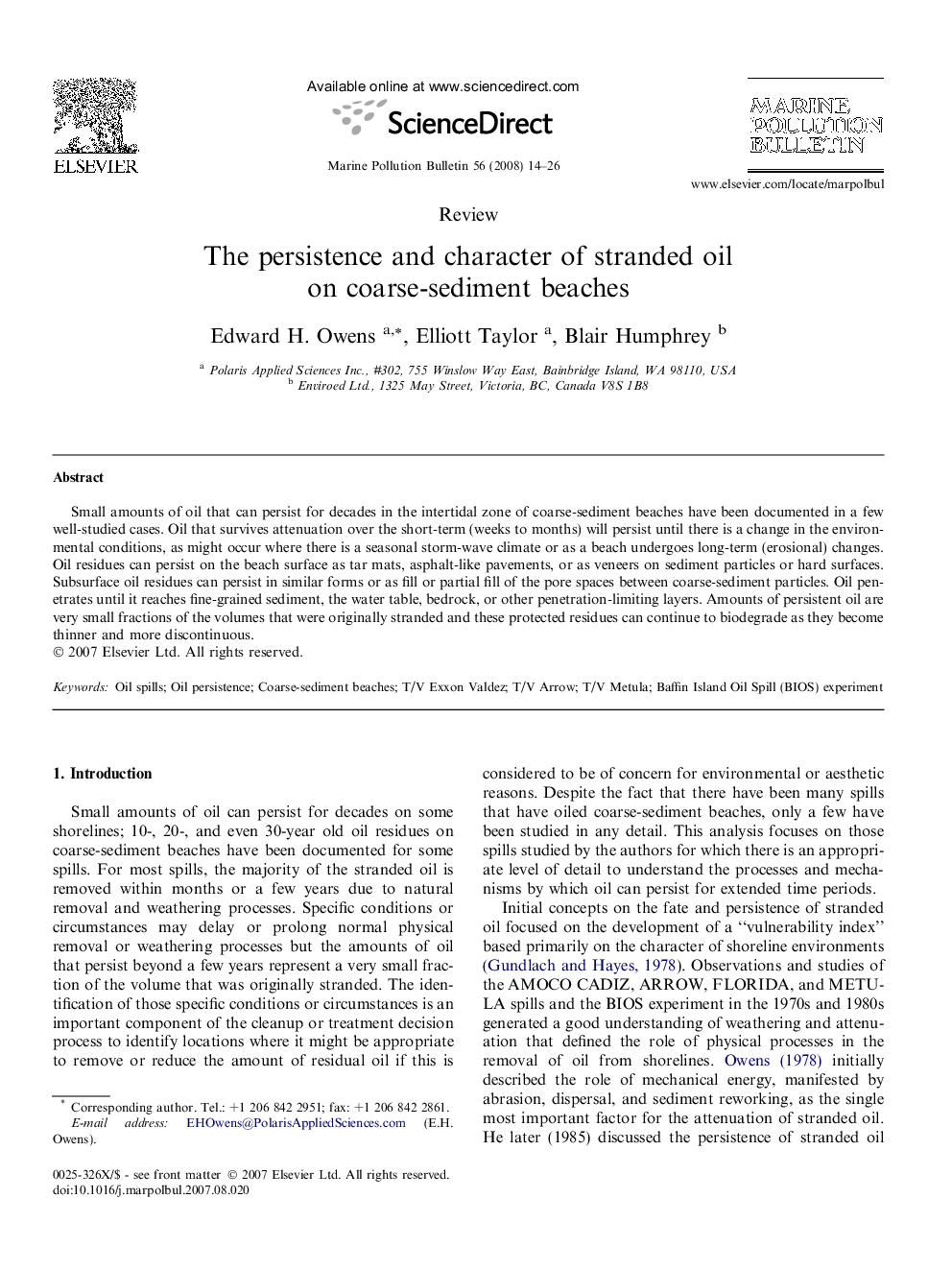 The persistence and character of stranded oil on coarse-sediment beaches