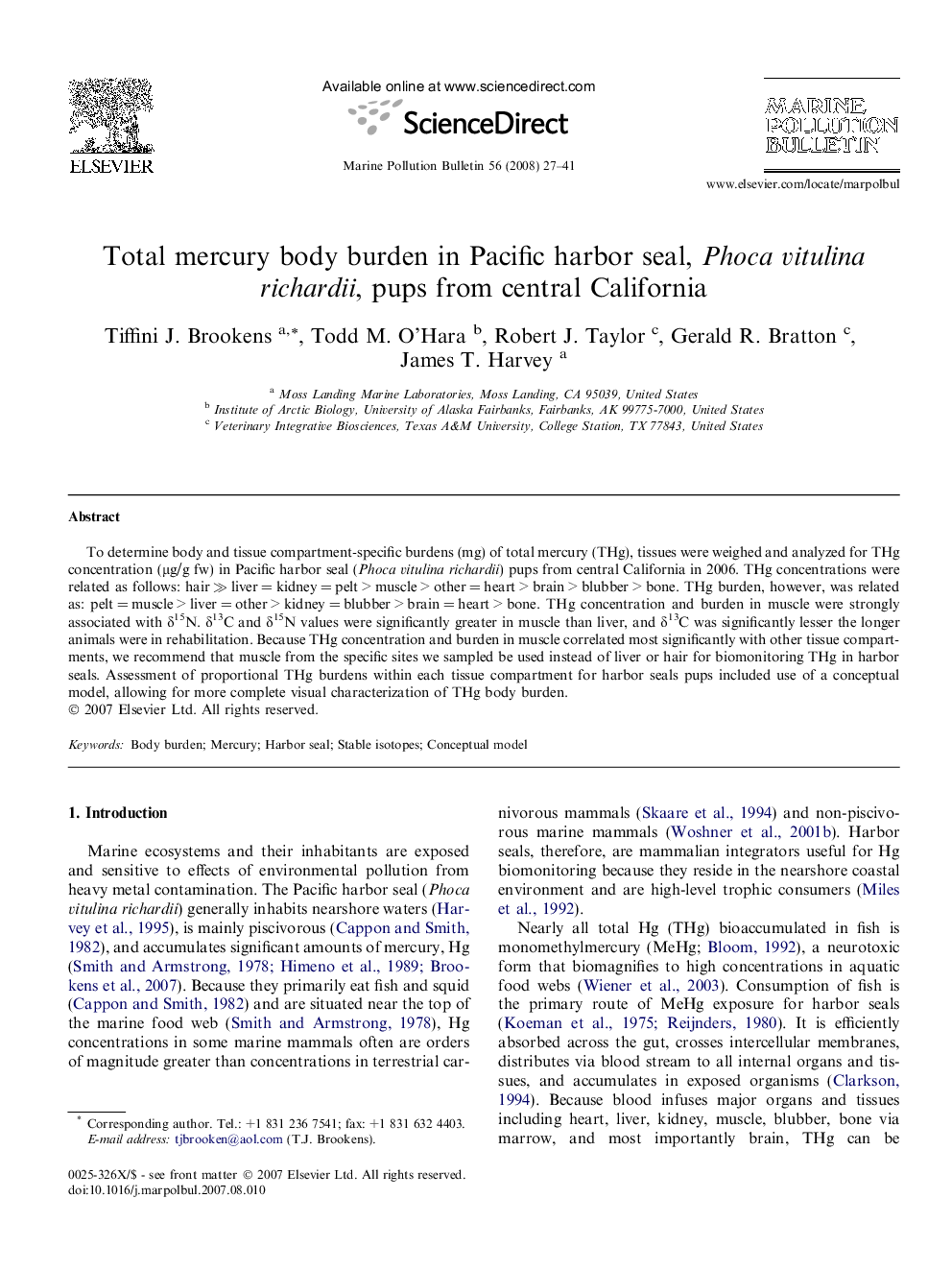 Total mercury body burden in Pacific harbor seal, Phoca vitulina richardii, pups from central California