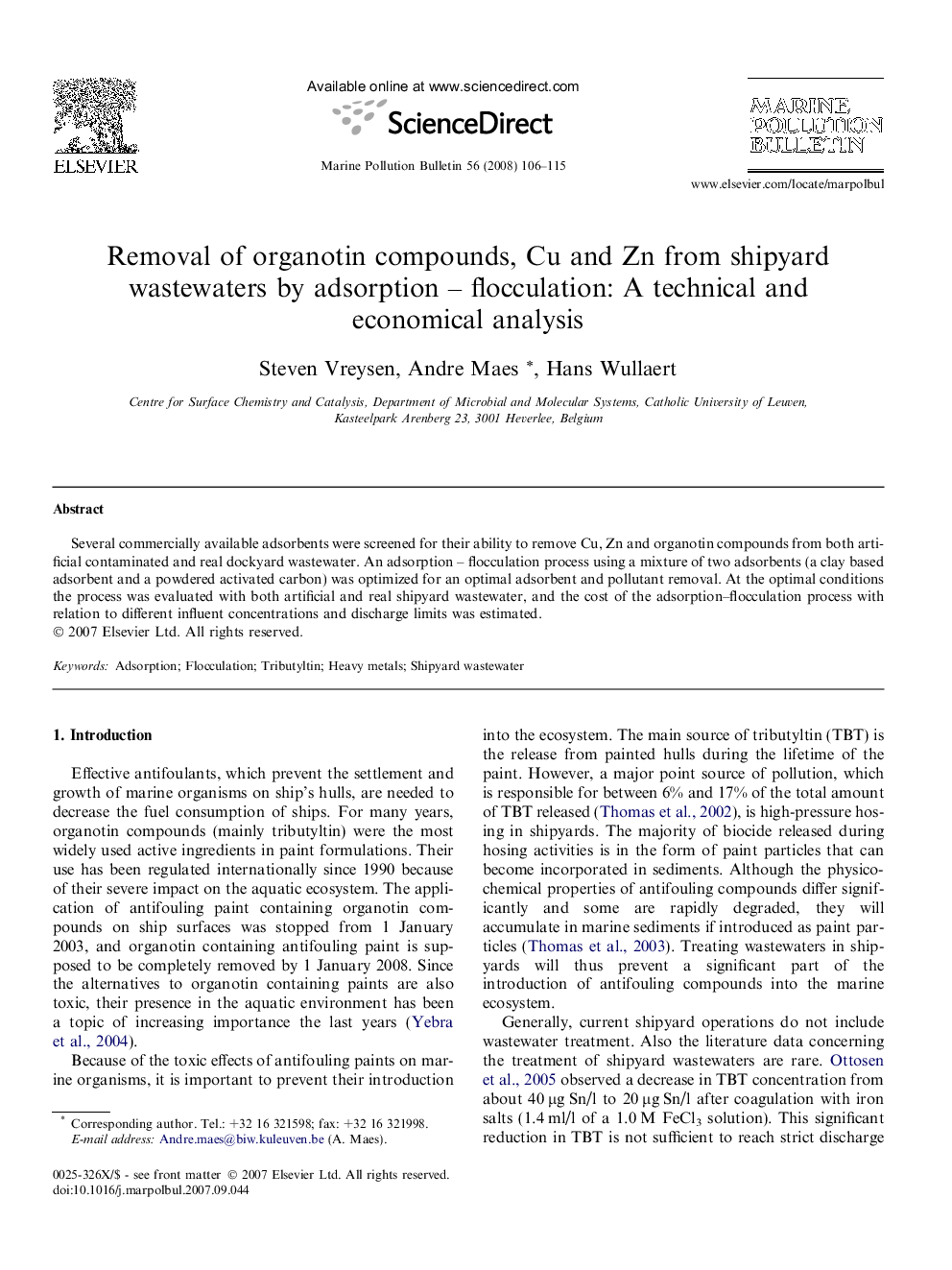 Removal of organotin compounds, Cu and Zn from shipyard wastewaters by adsorption – flocculation: A technical and economical analysis