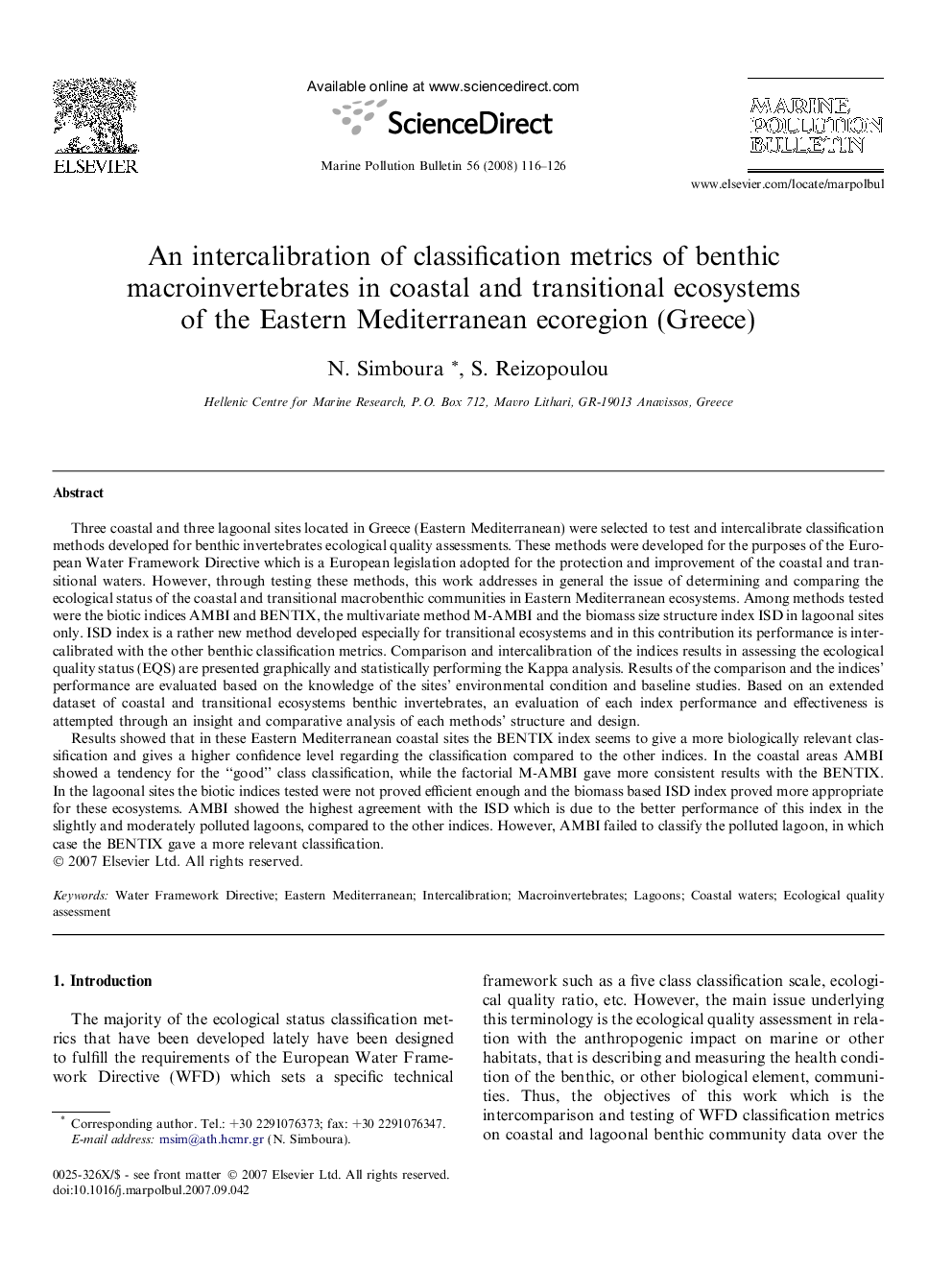 An intercalibration of classification metrics of benthic macroinvertebrates in coastal and transitional ecosystems of the Eastern Mediterranean ecoregion (Greece)