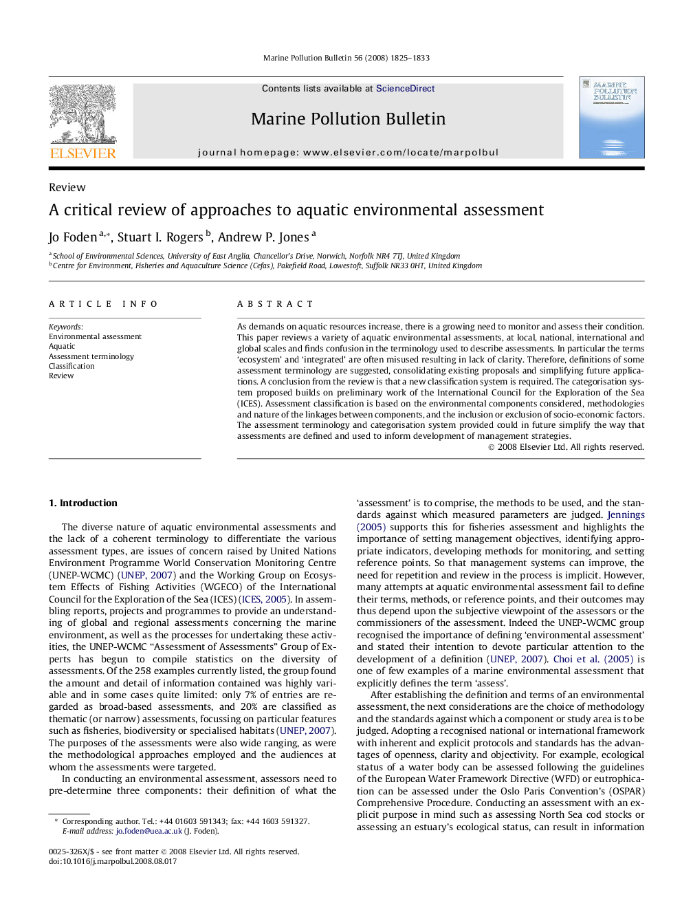 A critical review of approaches to aquatic environmental assessment