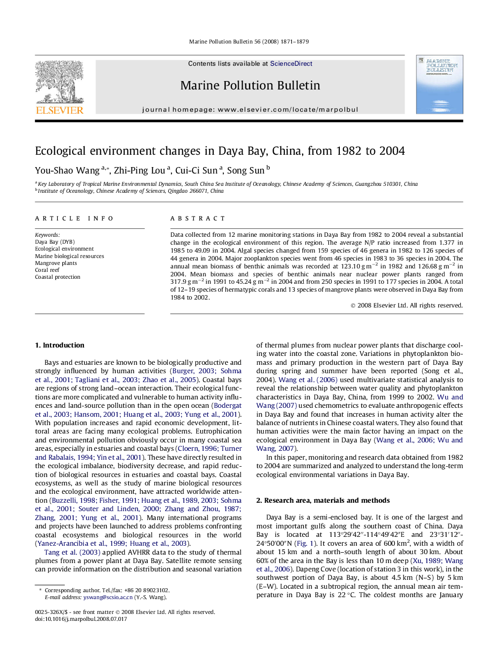 Ecological environment changes in Daya Bay, China, from 1982 to 2004