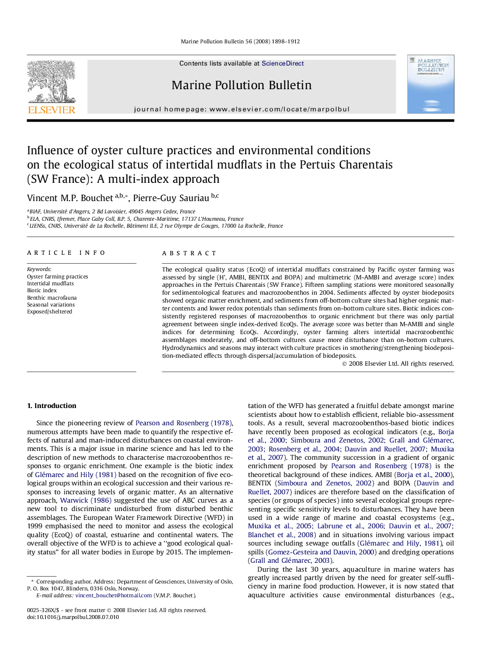 Influence of oyster culture practices and environmental conditions on the ecological status of intertidal mudflats in the Pertuis Charentais (SW France): A multi-index approach