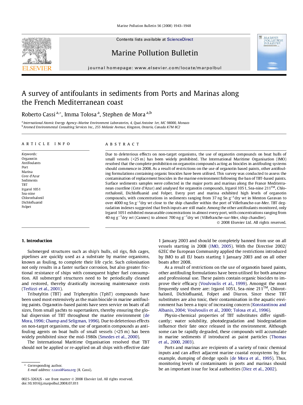 A survey of antifoulants in sediments from Ports and Marinas along the French Mediterranean coast