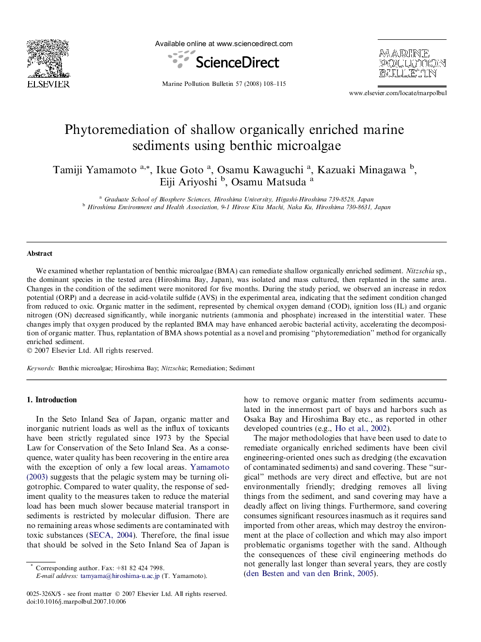 Phytoremediation of shallow organically enriched marine sediments using benthic microalgae