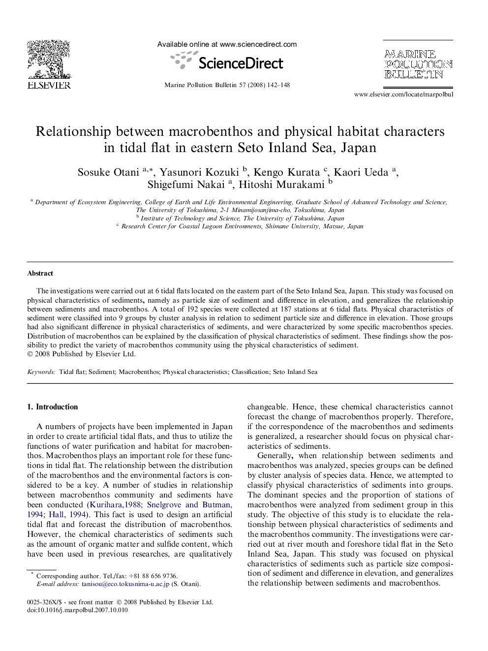 Relationship between macrobenthos and physical habitat characters in tidal flat in eastern Seto Inland Sea, Japan