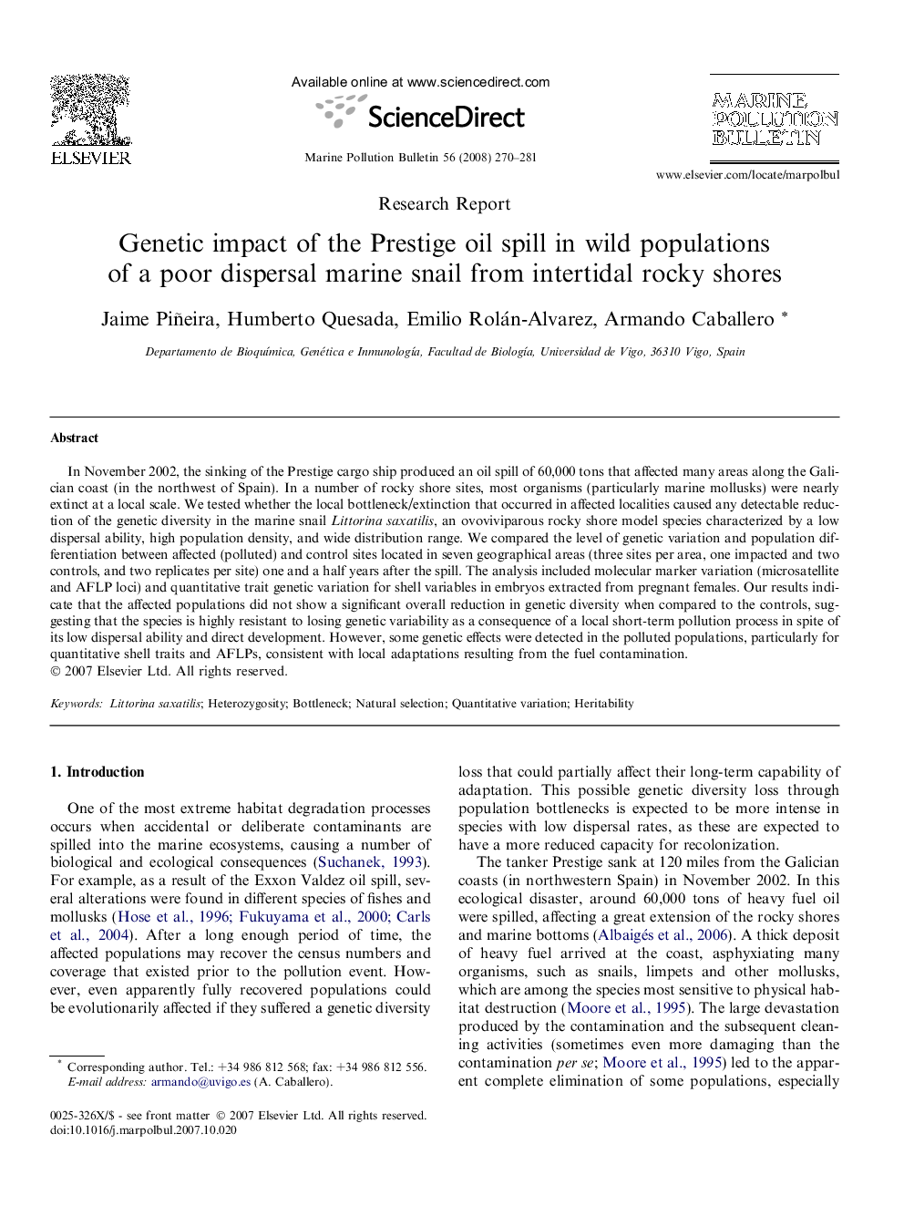 Genetic impact of the Prestige oil spill in wild populations of a poor dispersal marine snail from intertidal rocky shores