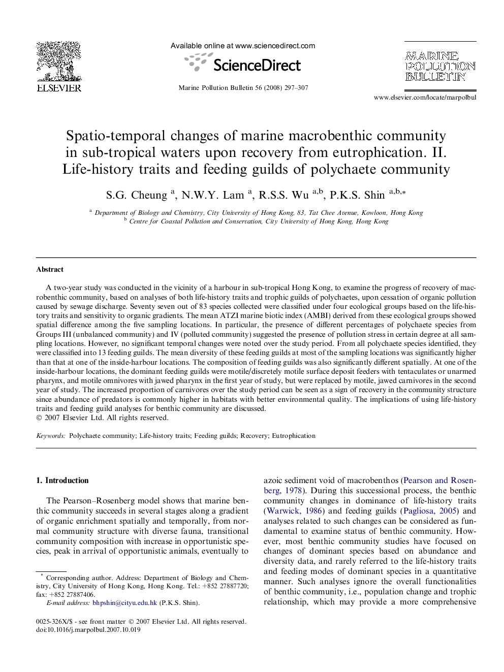 Spatio-temporal changes of marine macrobenthic community in sub-tropical waters upon recovery from eutrophication. II. Life-history traits and feeding guilds of polychaete community