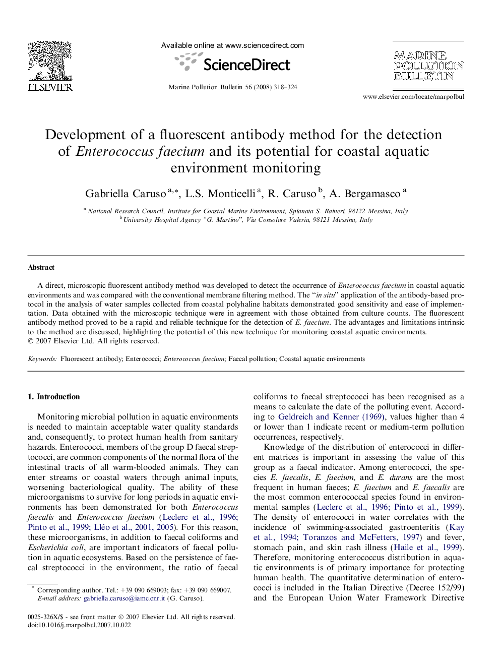 Development of a fluorescent antibody method for the detection of Enterococcus faecium and its potential for coastal aquatic environment monitoring