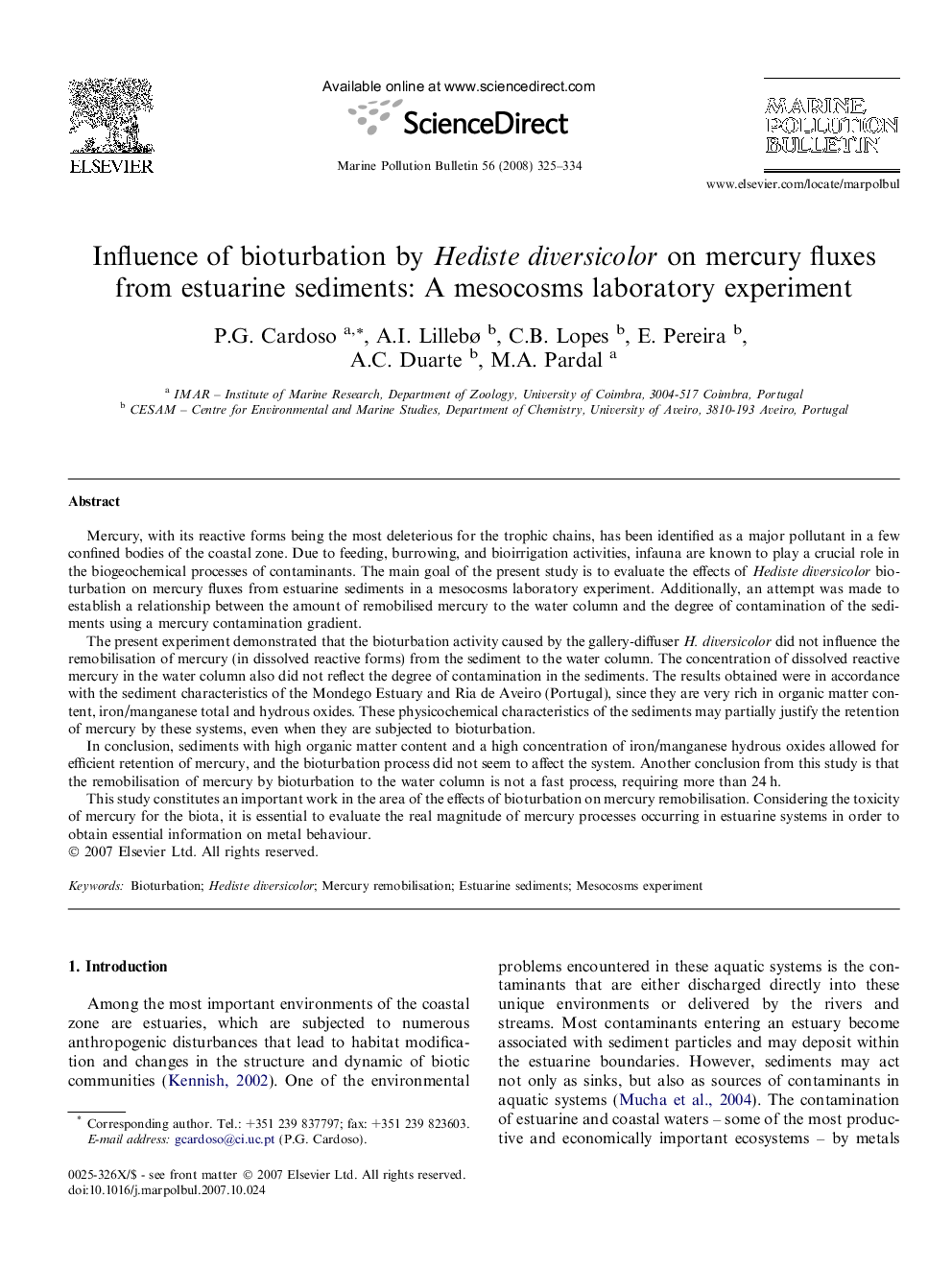 Influence of bioturbation by Hediste diversicolor on mercury fluxes from estuarine sediments: A mesocosms laboratory experiment