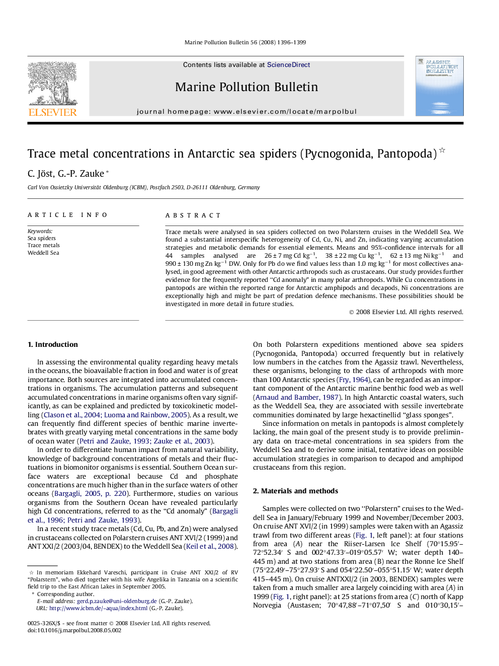 Trace metal concentrations in Antarctic sea spiders (Pycnogonida, Pantopoda) 